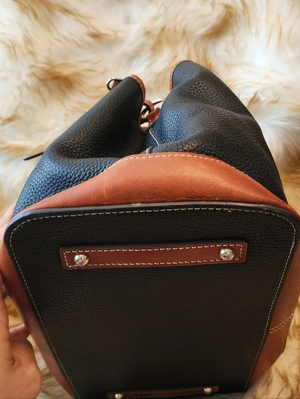Dooney & Bourke Black Pebbled Leather Satchel with Brown Trim